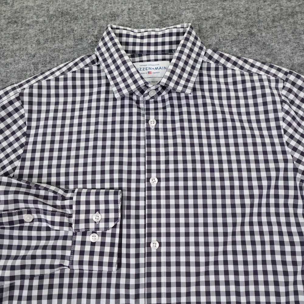 Mizzen+Main Leeward Trim Fit Shirt Men's XL Navy White Gingham Check Long Sleeve